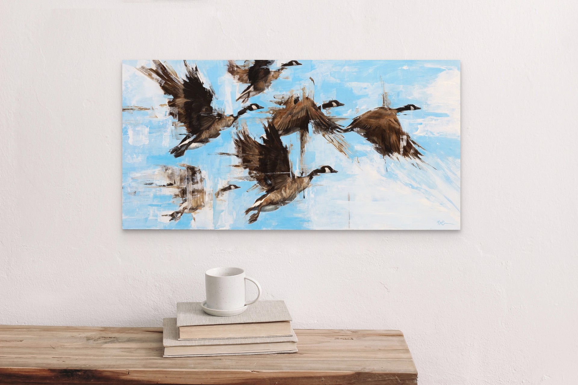 A painting of a flock of geese flying in the sky.