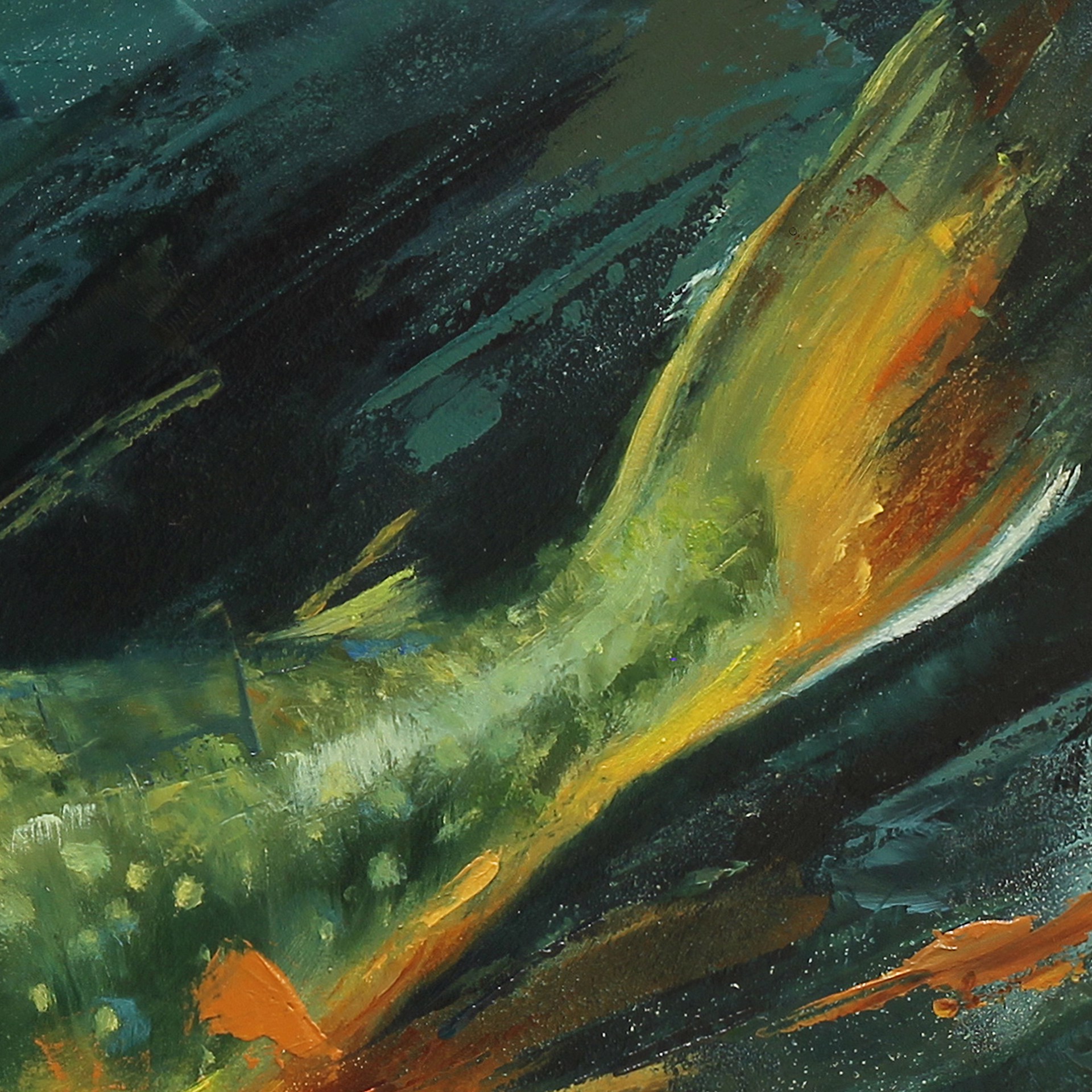A painting of a brook trout swimming in the water.