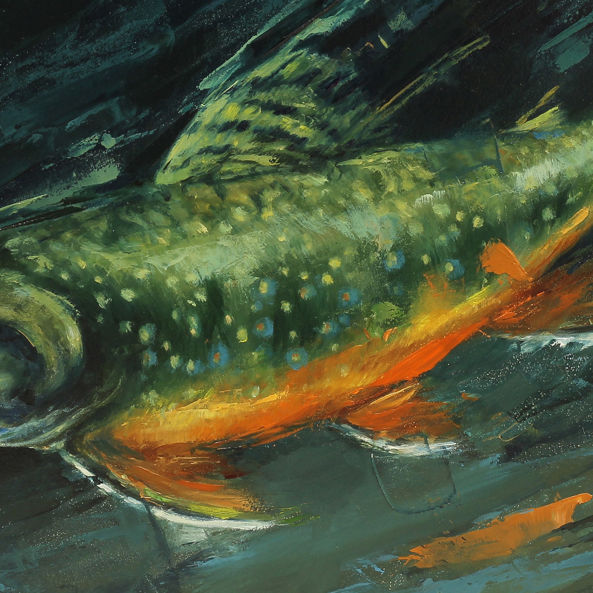 A painting of a brook trout swimming in the water.