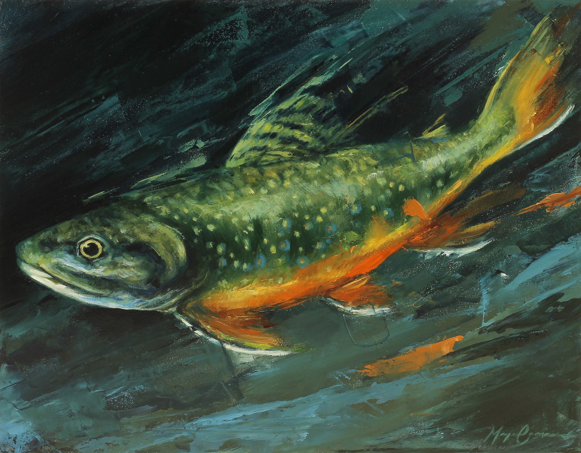 A painting of a brook trout swimming in the water.
