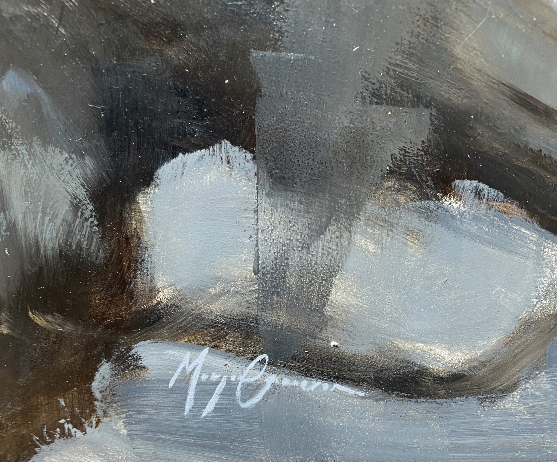 A painting of a white wolf in the woods.