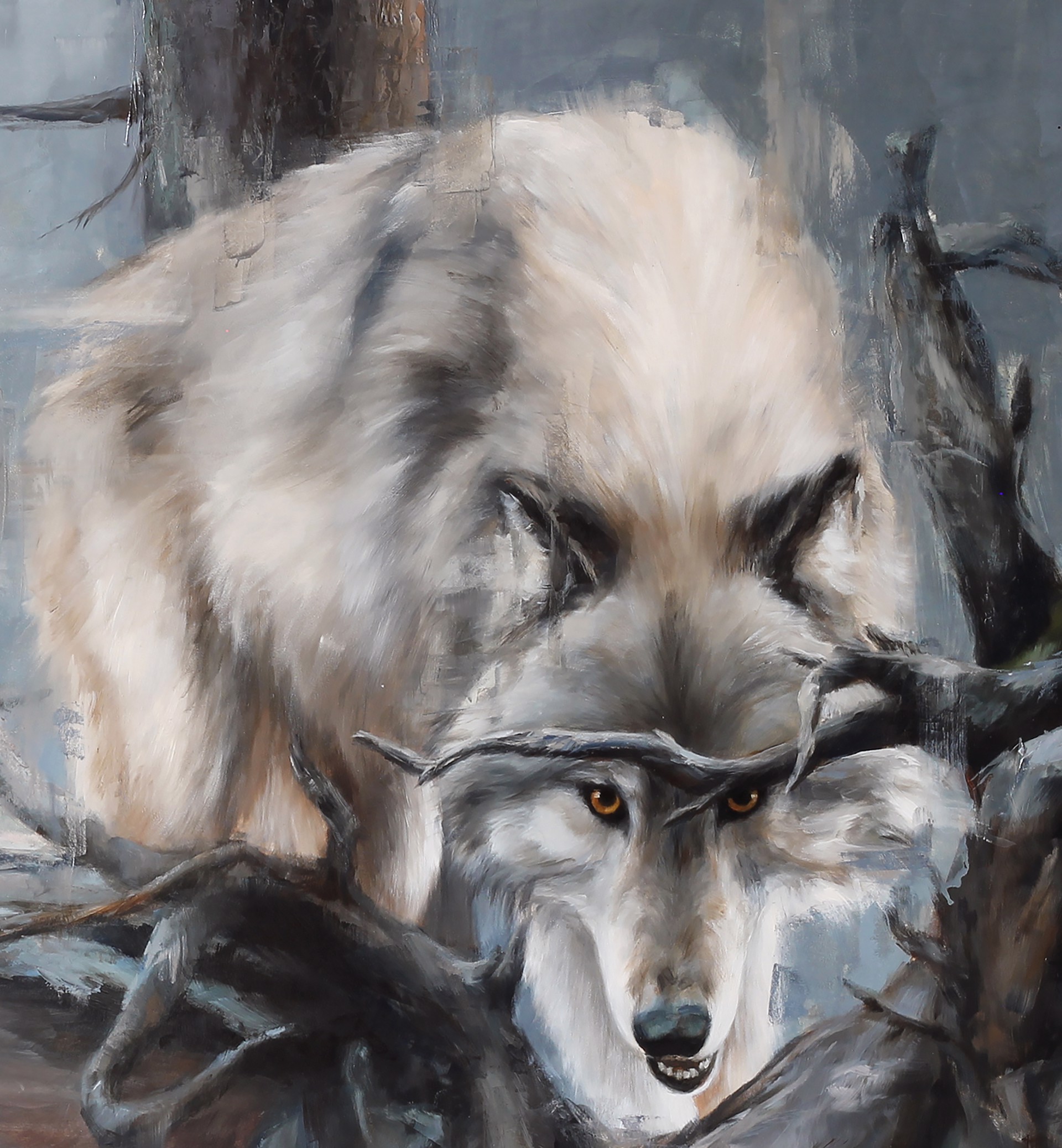 A painting of a white wolf in the woods.