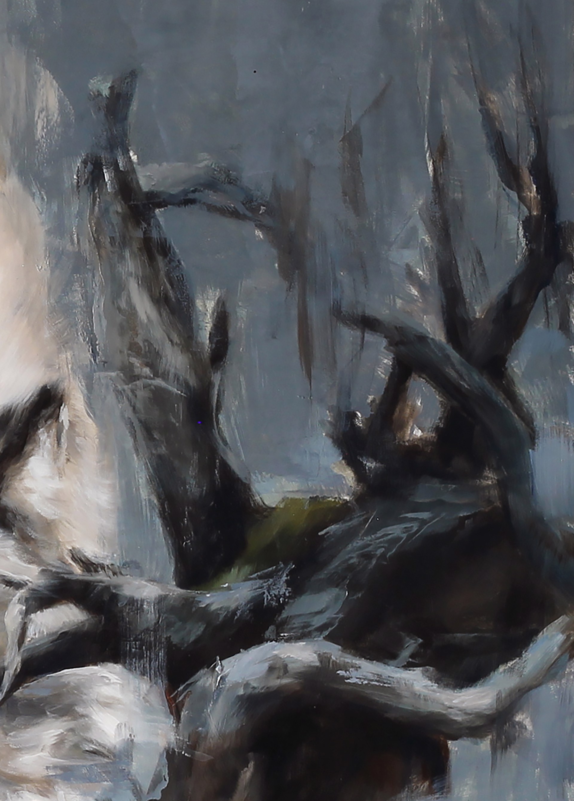 A painting of a white wolf in the woods.
