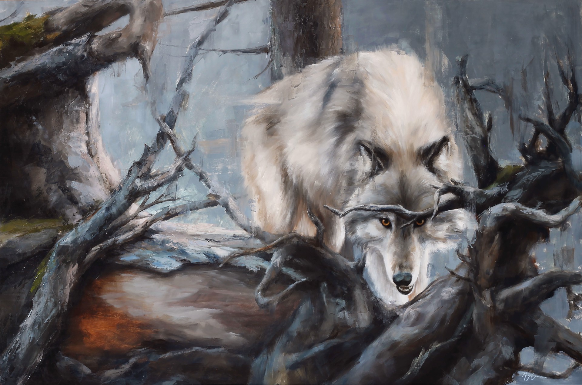 A painting of a white wolf in the woods.