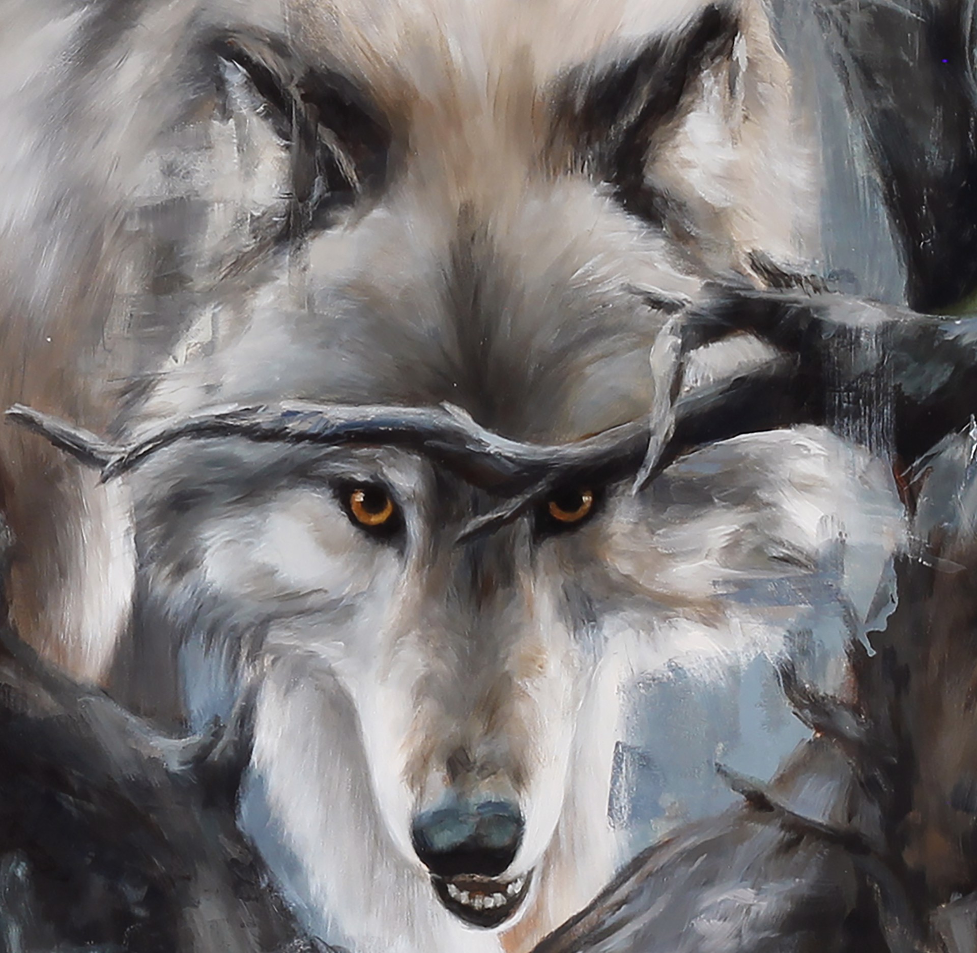 A painting of a white wolf in the woods.