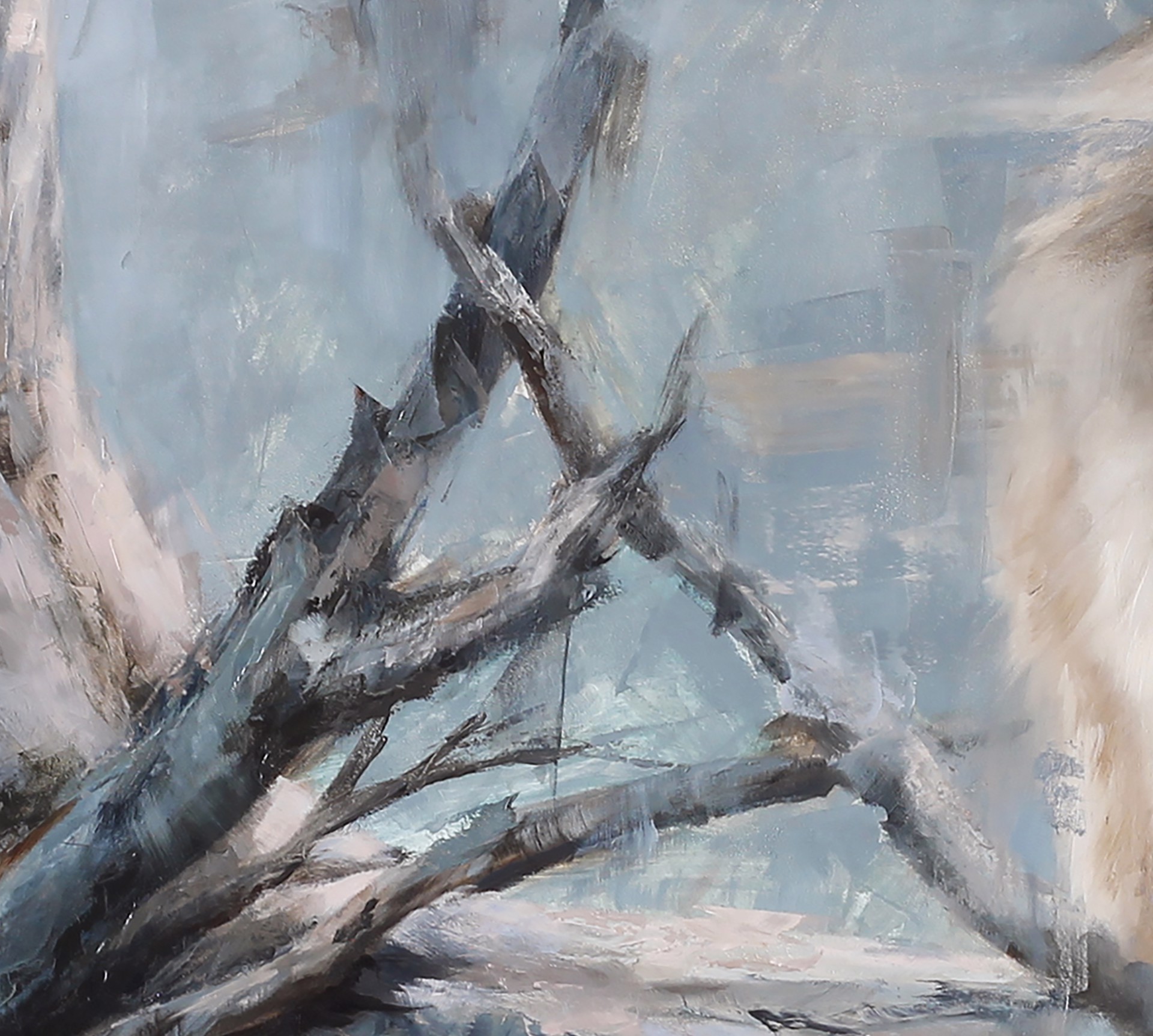 A painting of a white wolf in the woods.