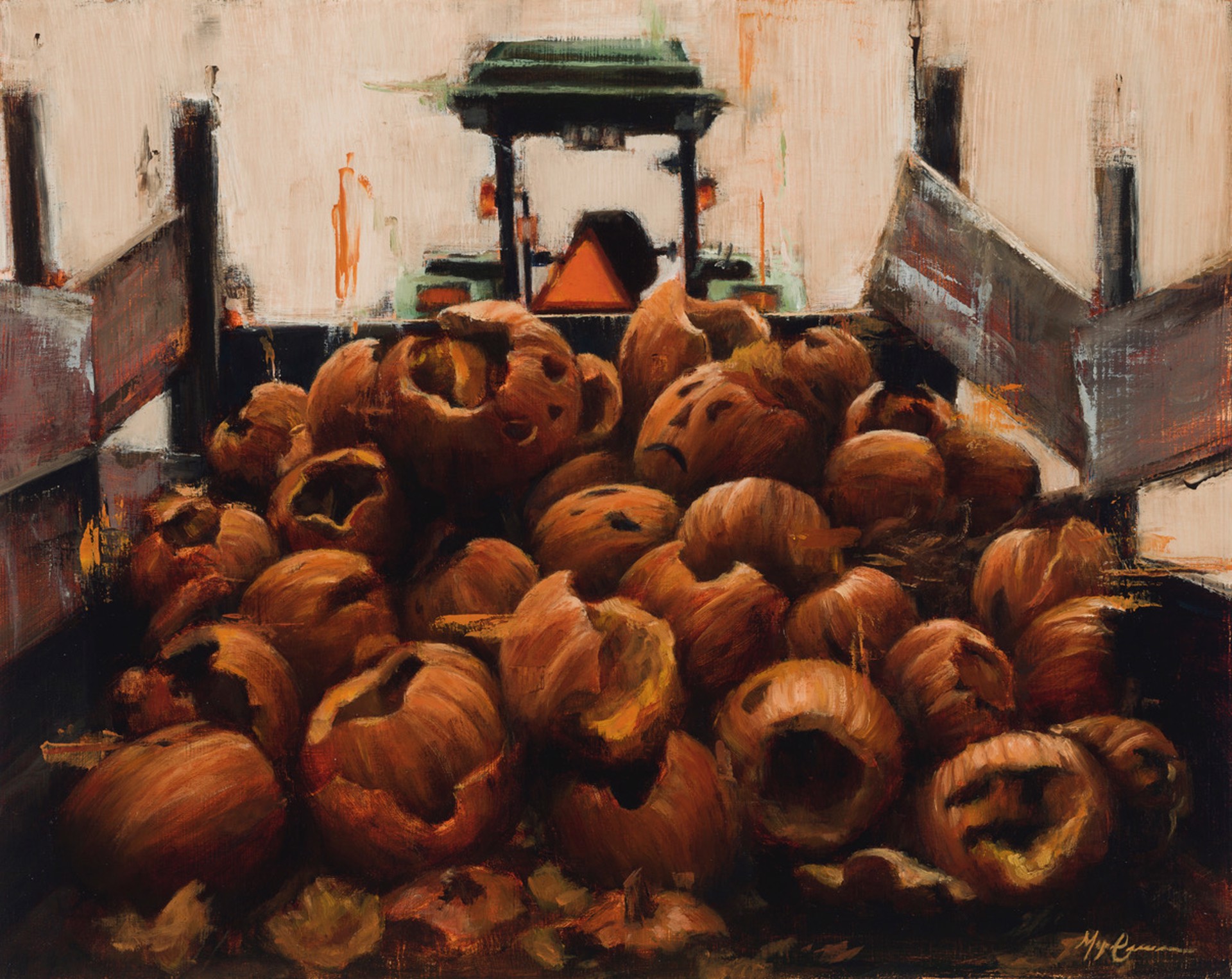A pile of hollowed pumpkins sits in the foreground of a rustic interior scene.