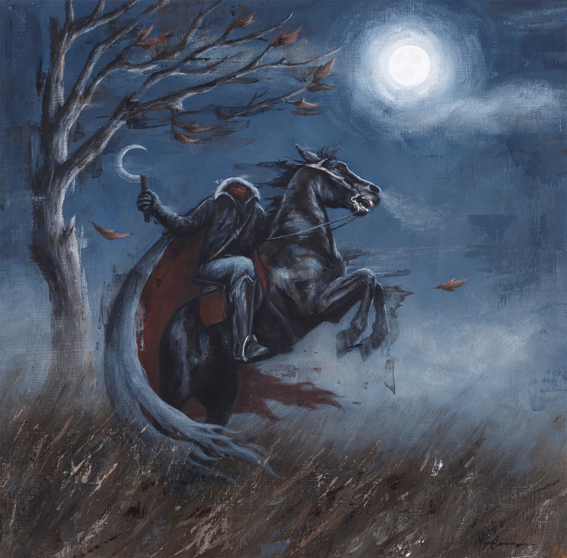 A nocturnal fantasy scene of a figure on horseback under a full moon.
