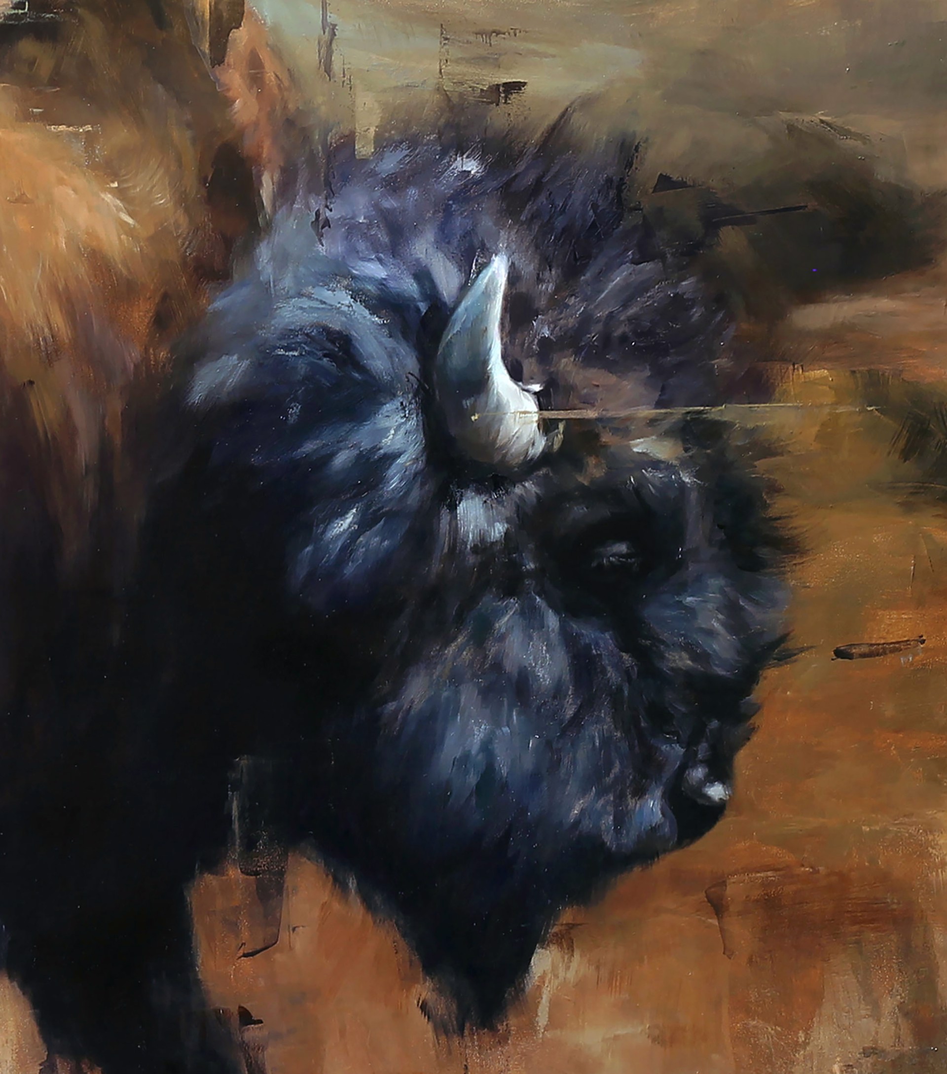 A painting of a bison standing in a field.