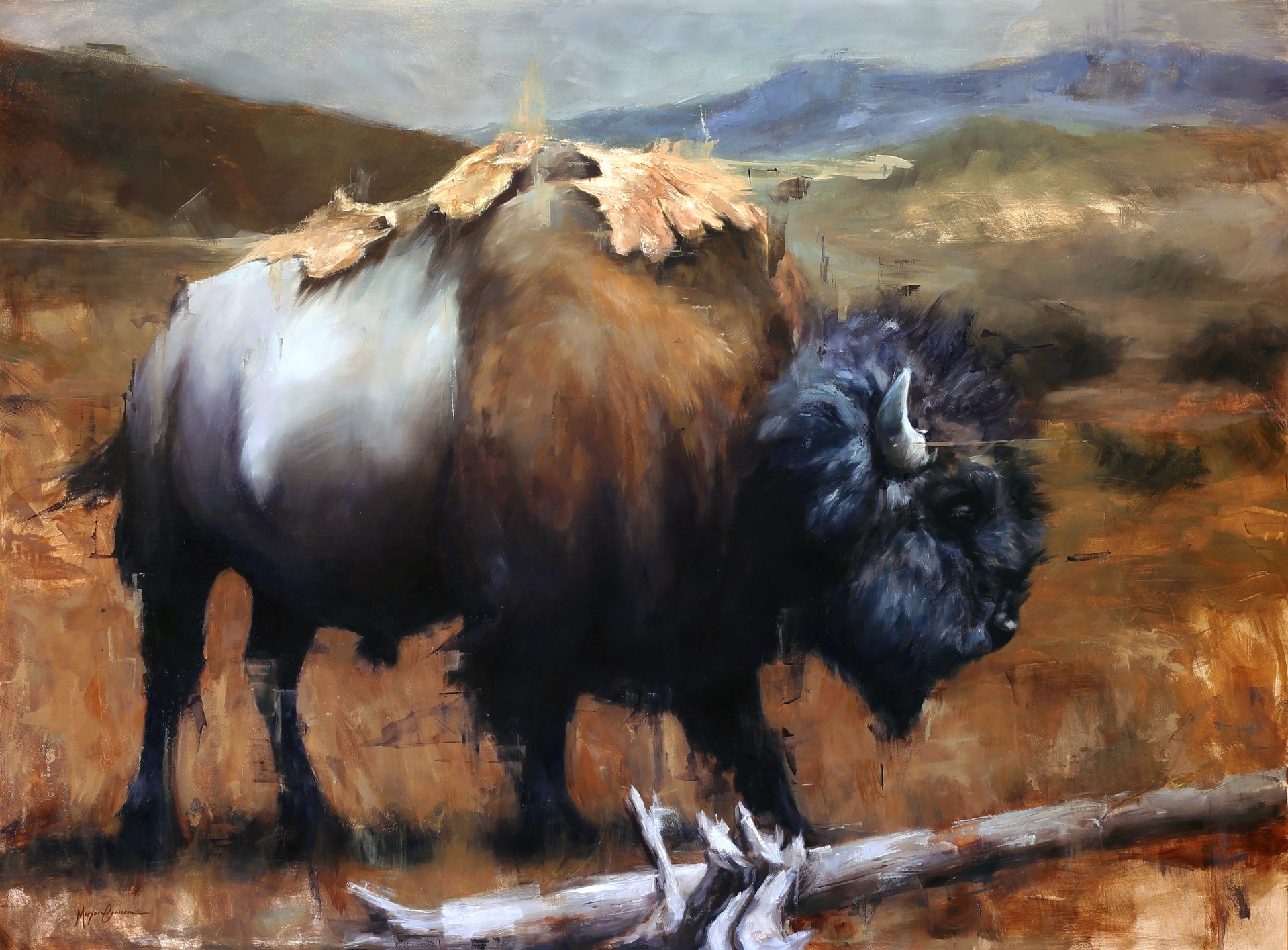 A painting of a bison standing in a field.