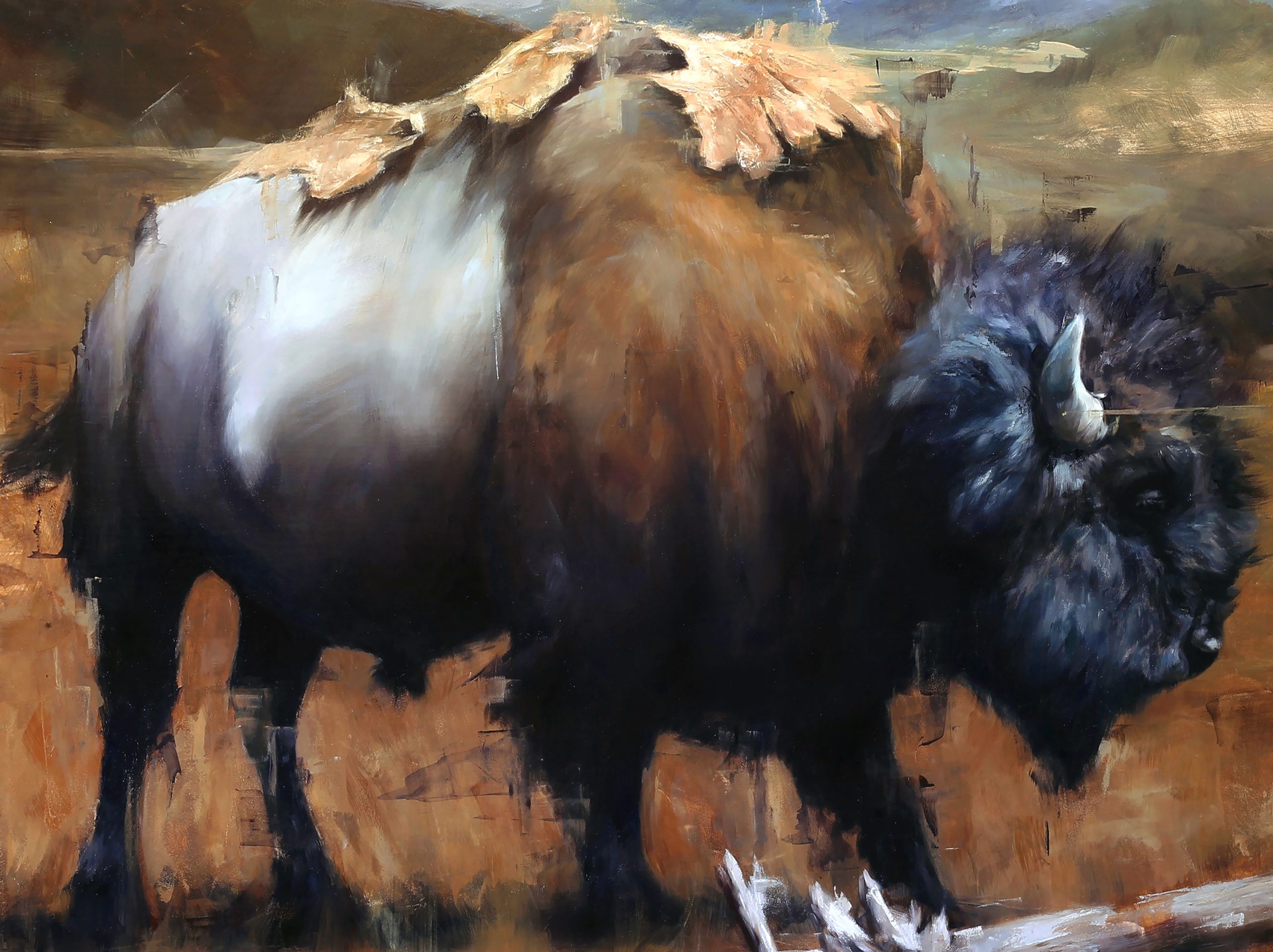 A painting of a bison standing in a field.