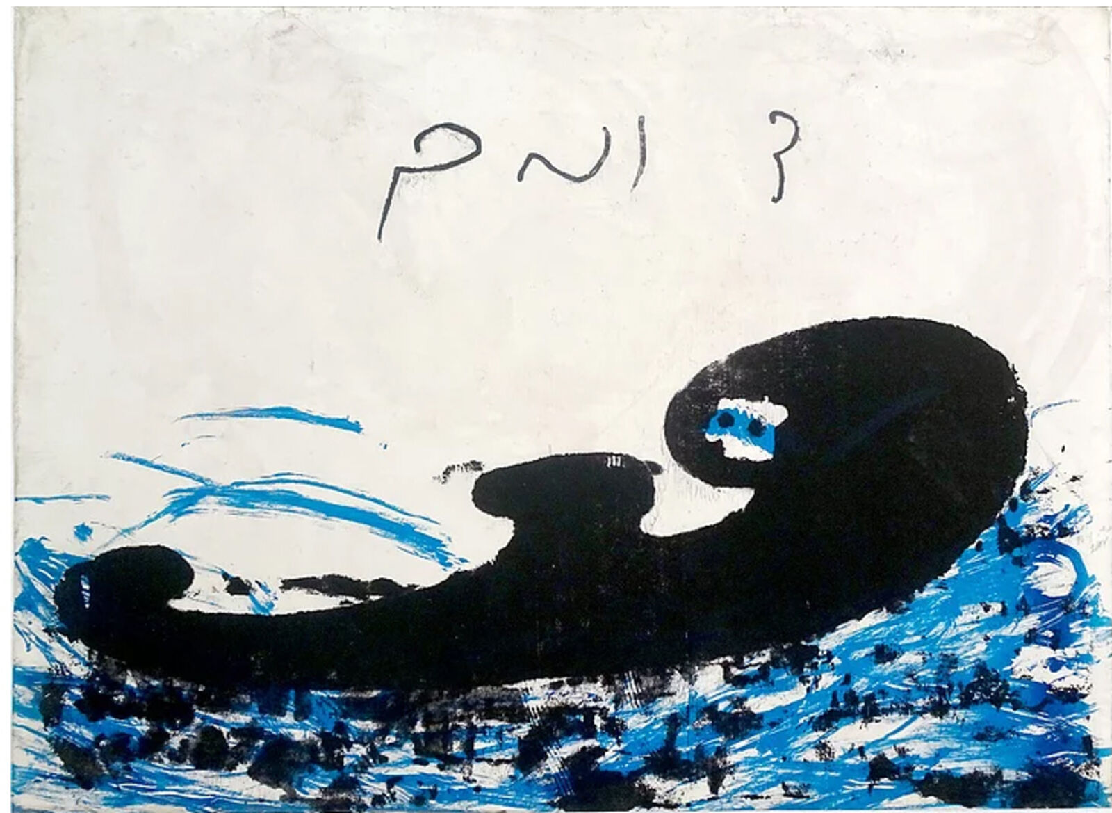 A black and blue painting of a man floating in the water.