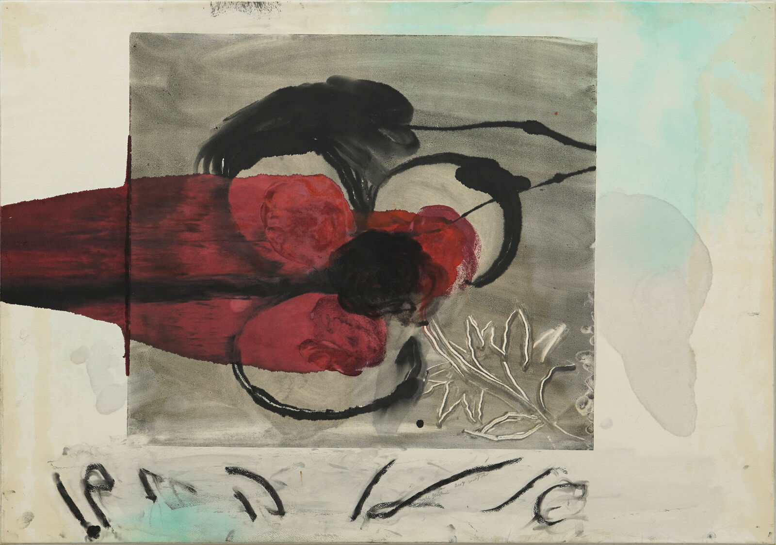 A painting of a red flower on a gray background.