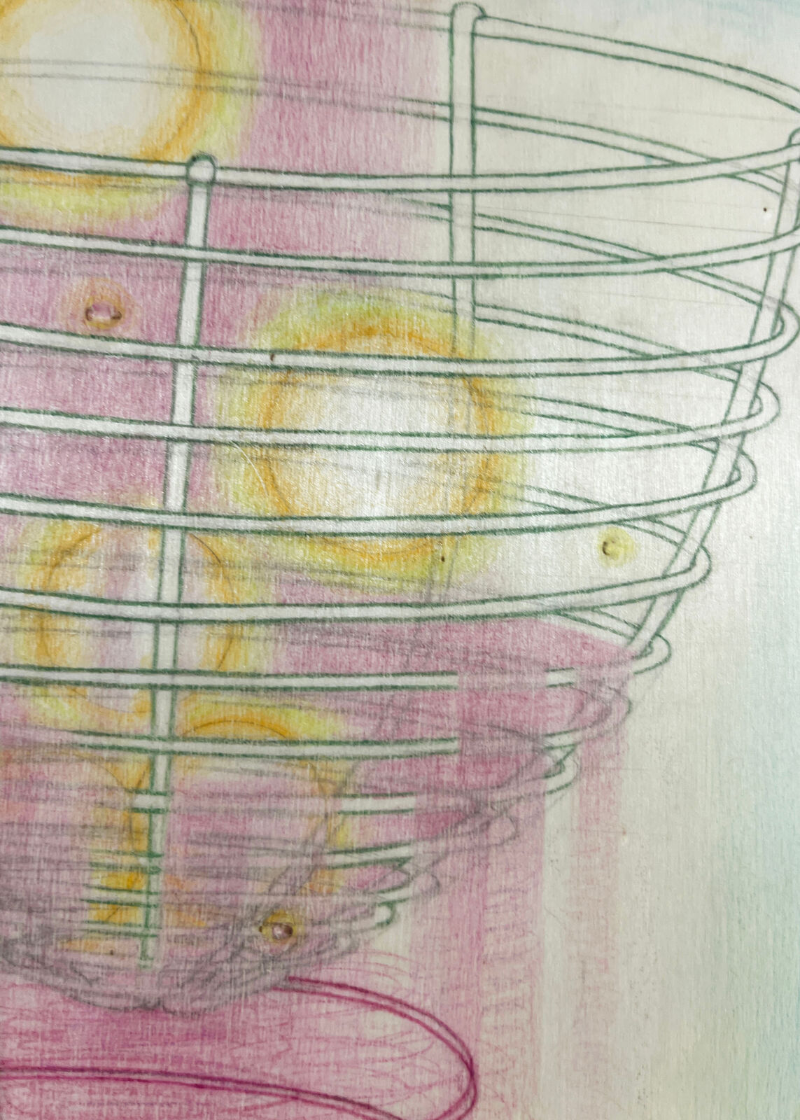 A surreal composition of a wire basket resting on a spring-like structure against a soft pastel background.