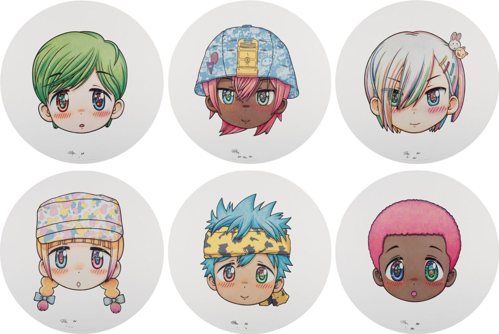 A set of six illustrations of a group of anime characters.