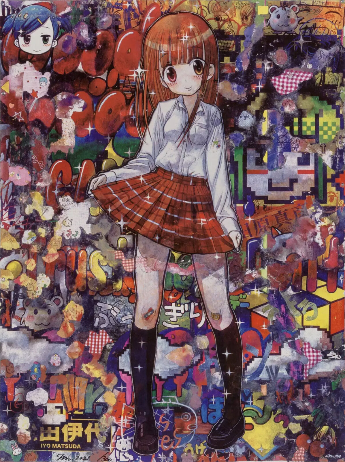 A girl in a school uniform standing in front of a wall covered in graffiti.