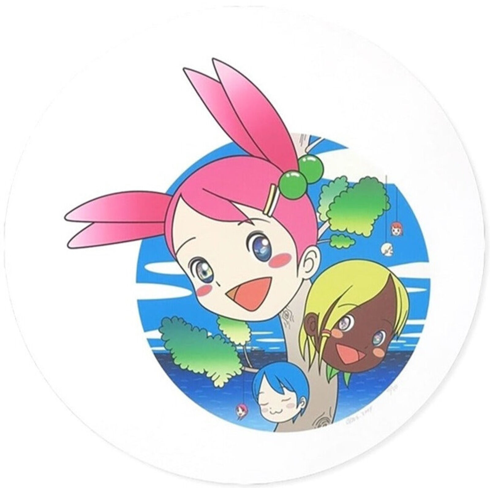 A round sticker with a picture of a girl and two children.