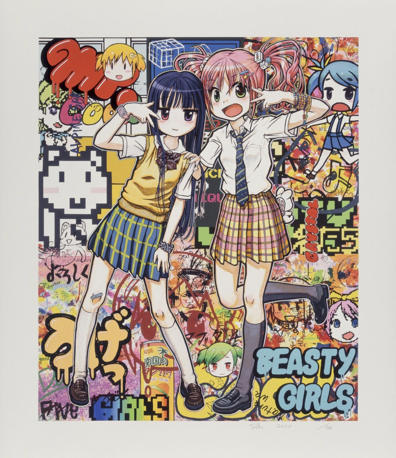 A couple of girls standing next to each other in front of a wall covered in graffiti.