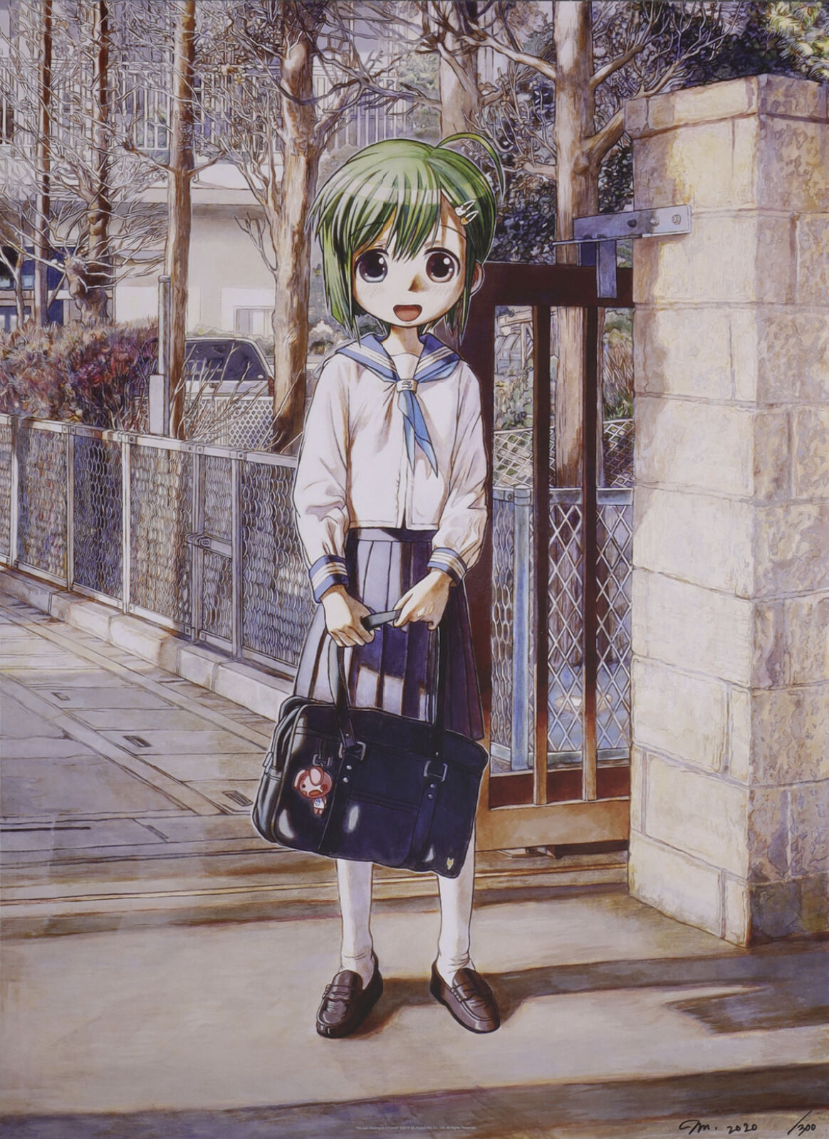 A painting of a girl with green hair holding a black bag.