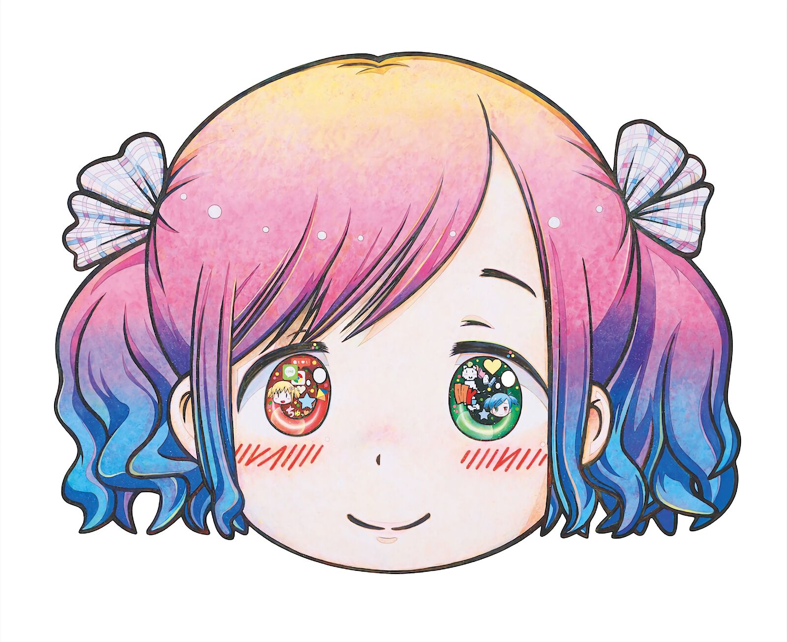 A drawing of a girl with pink hair and blue eyes.