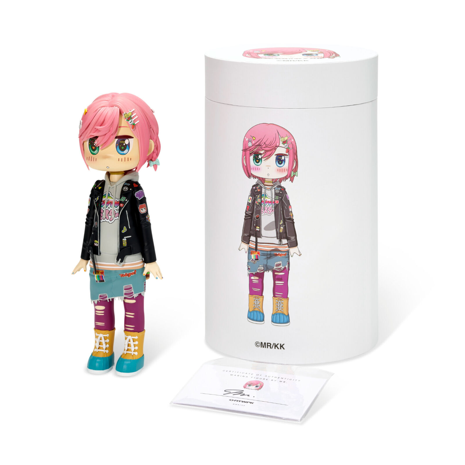 A doll with pink hair wearing a black jacket and jeans.
