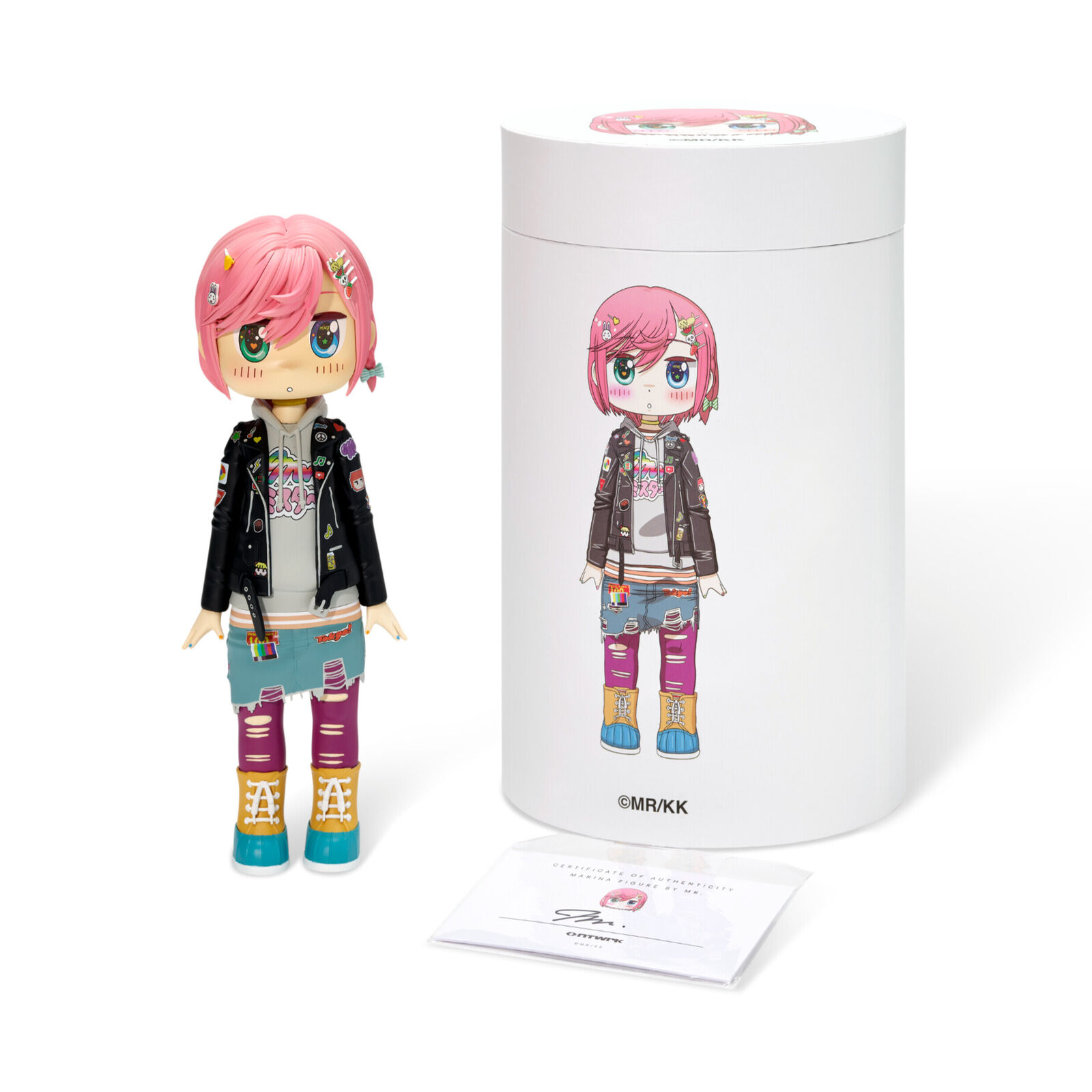 A doll with pink hair wearing a black jacket and jeans.