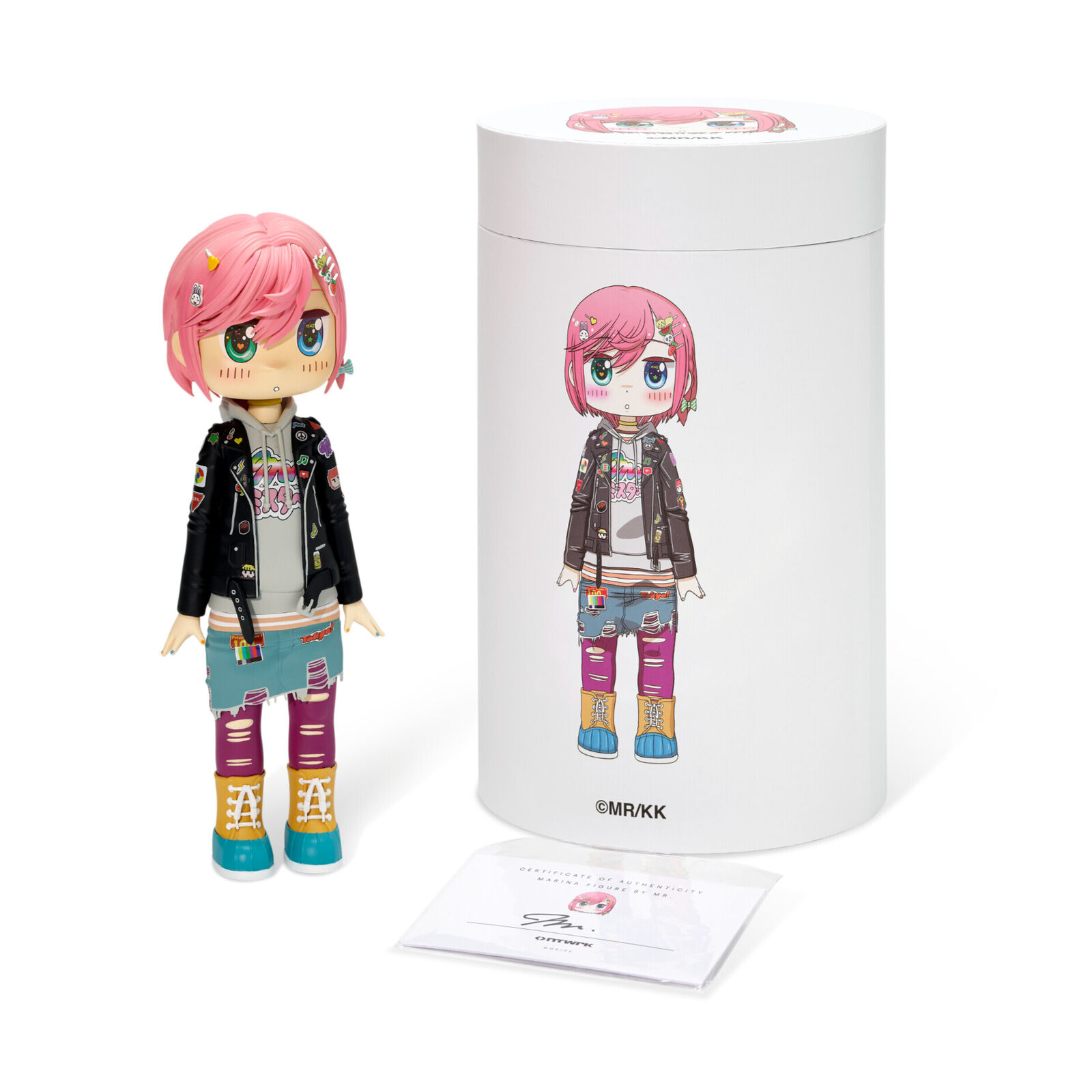 A doll with pink hair wearing a black jacket and jeans.