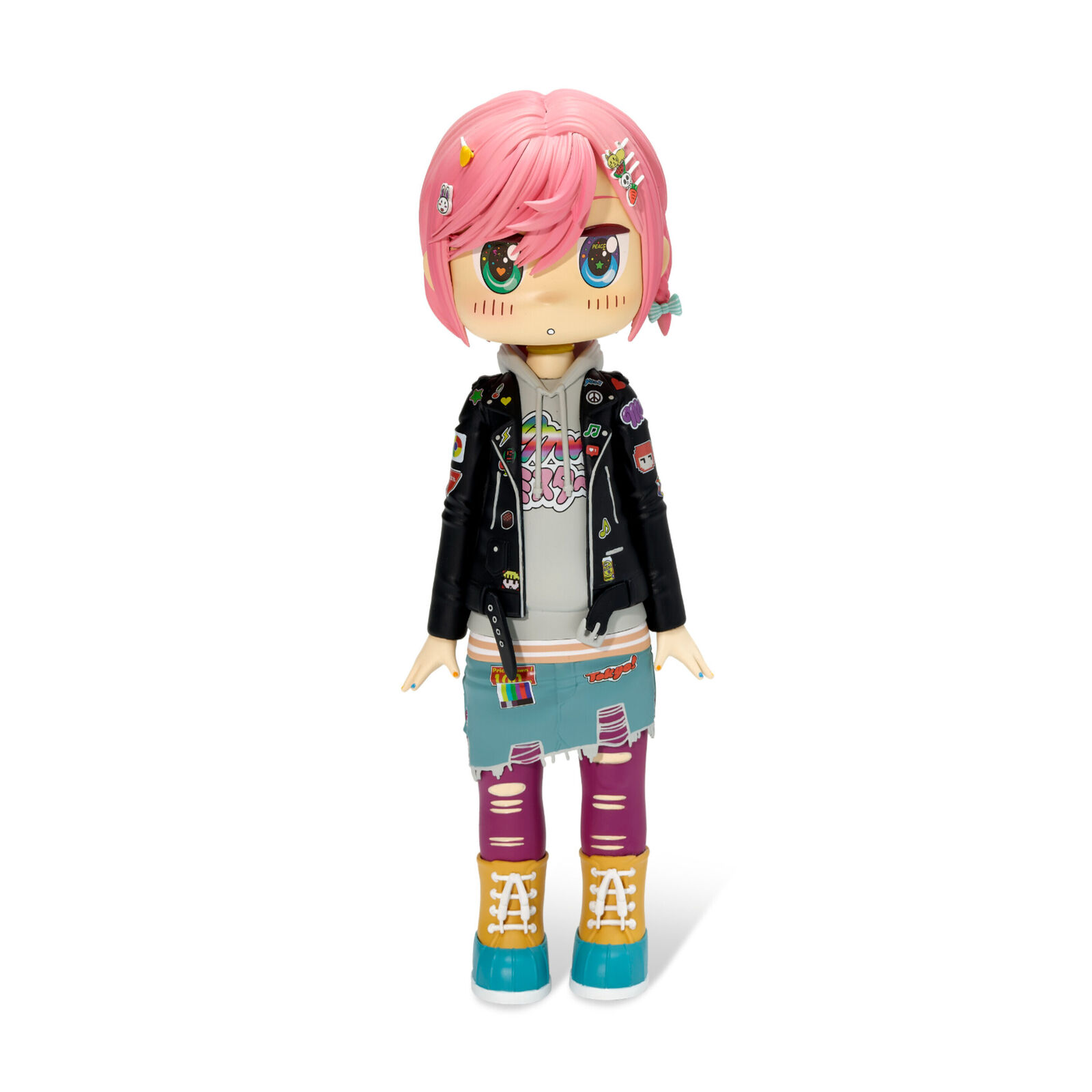 A doll with pink hair wearing a black jacket and jeans.