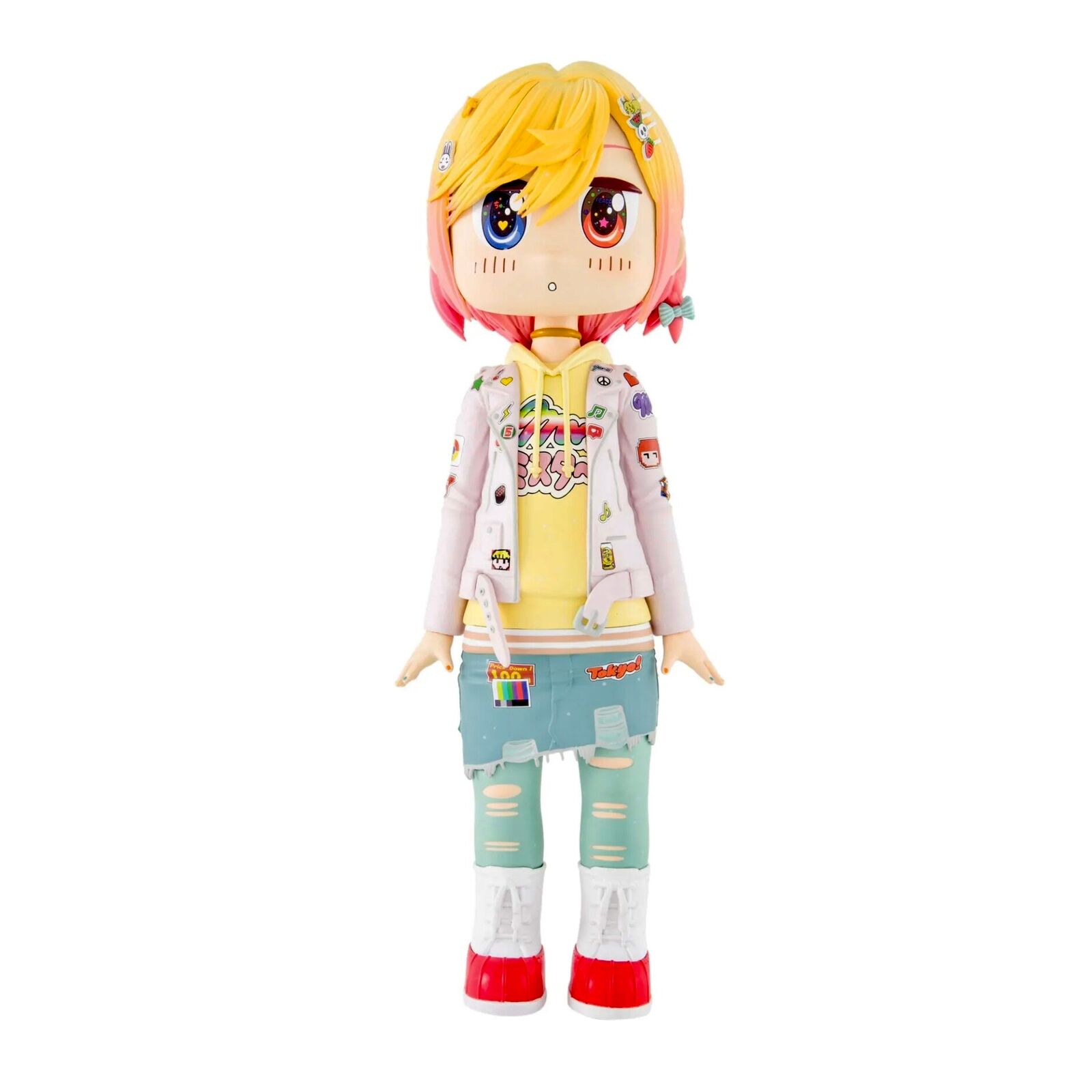A doll with blonde hair wearing a white jacket and blue jeans.