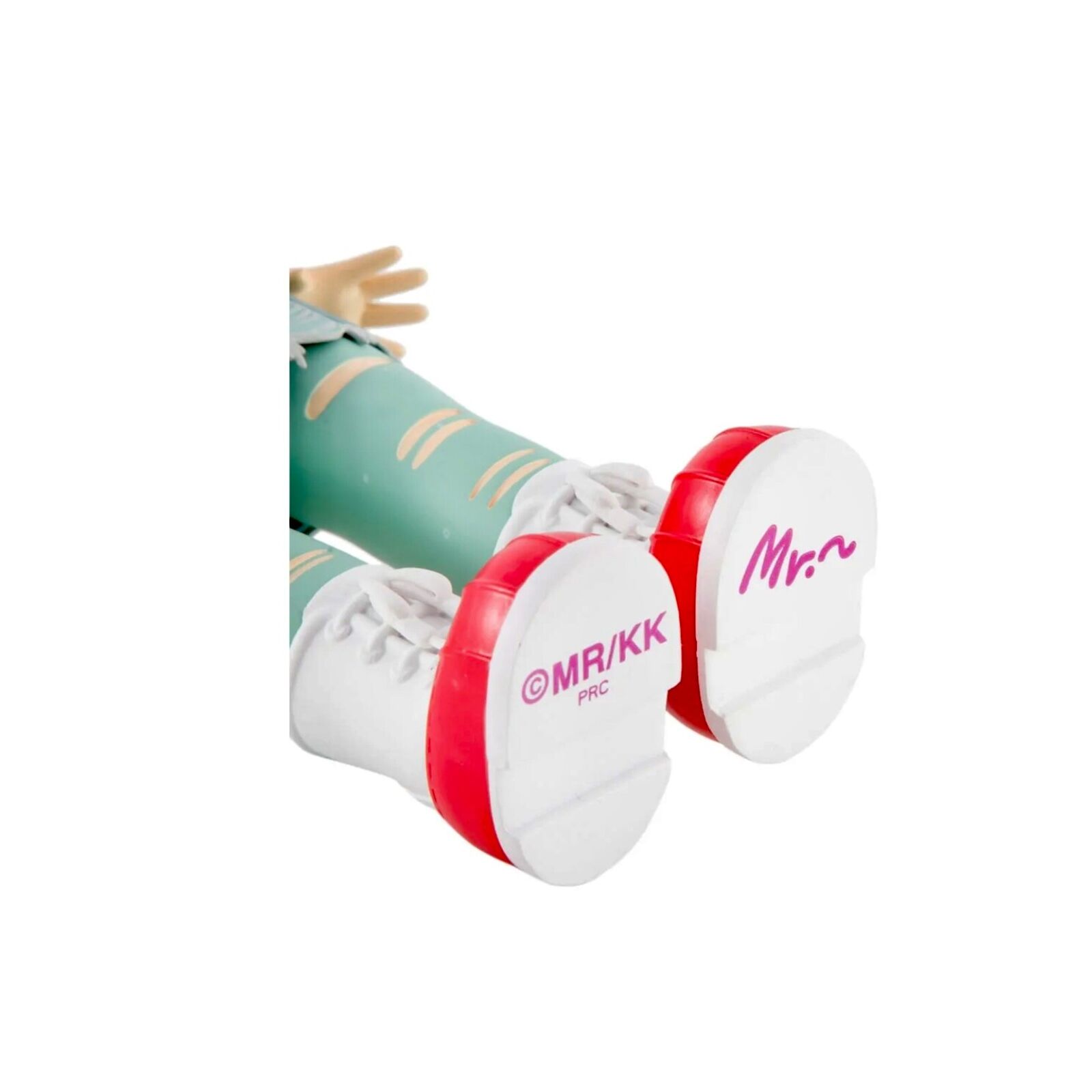 A doll with blonde hair wearing a white jacket and blue jeans.