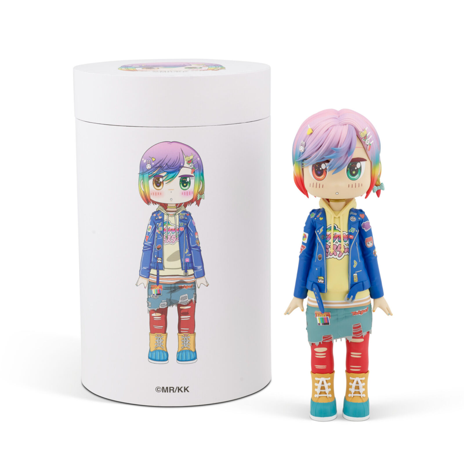 A doll with pink hair wearing a blue jacket and red pants.