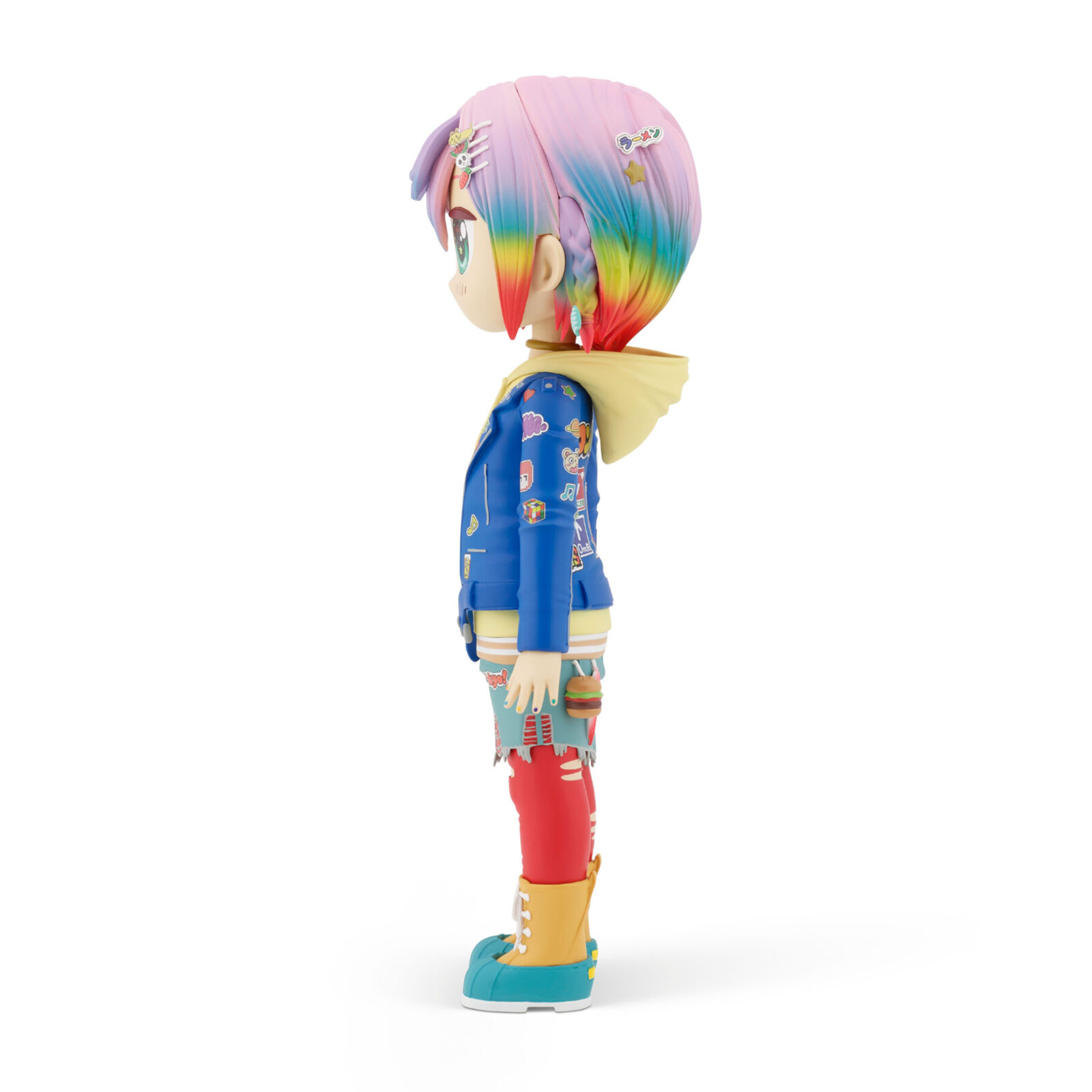 A doll with pink hair wearing a blue jacket and red pants.
