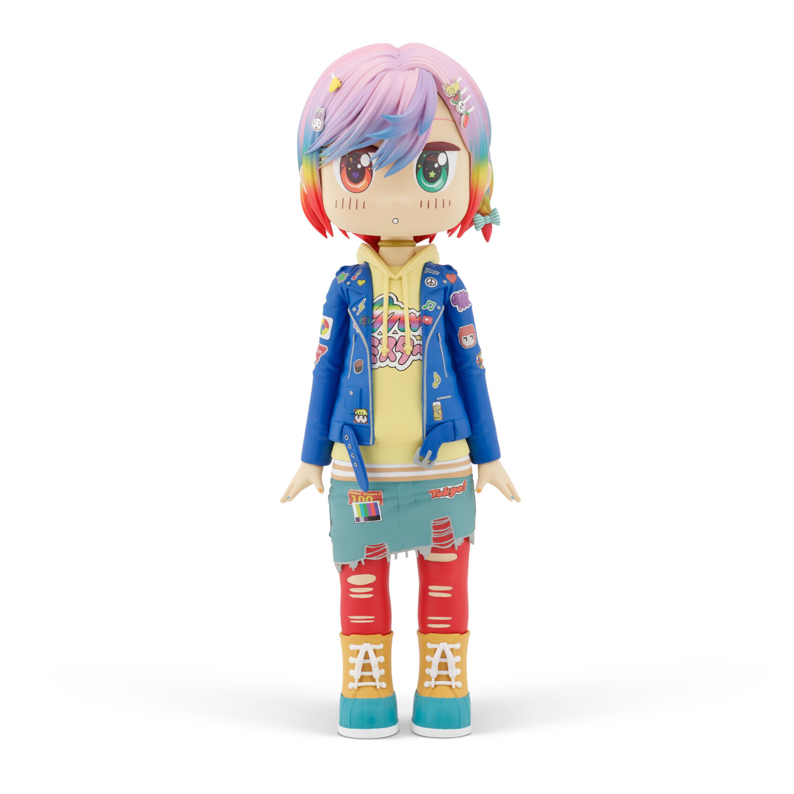 A doll with pink hair wearing a blue jacket and red pants.