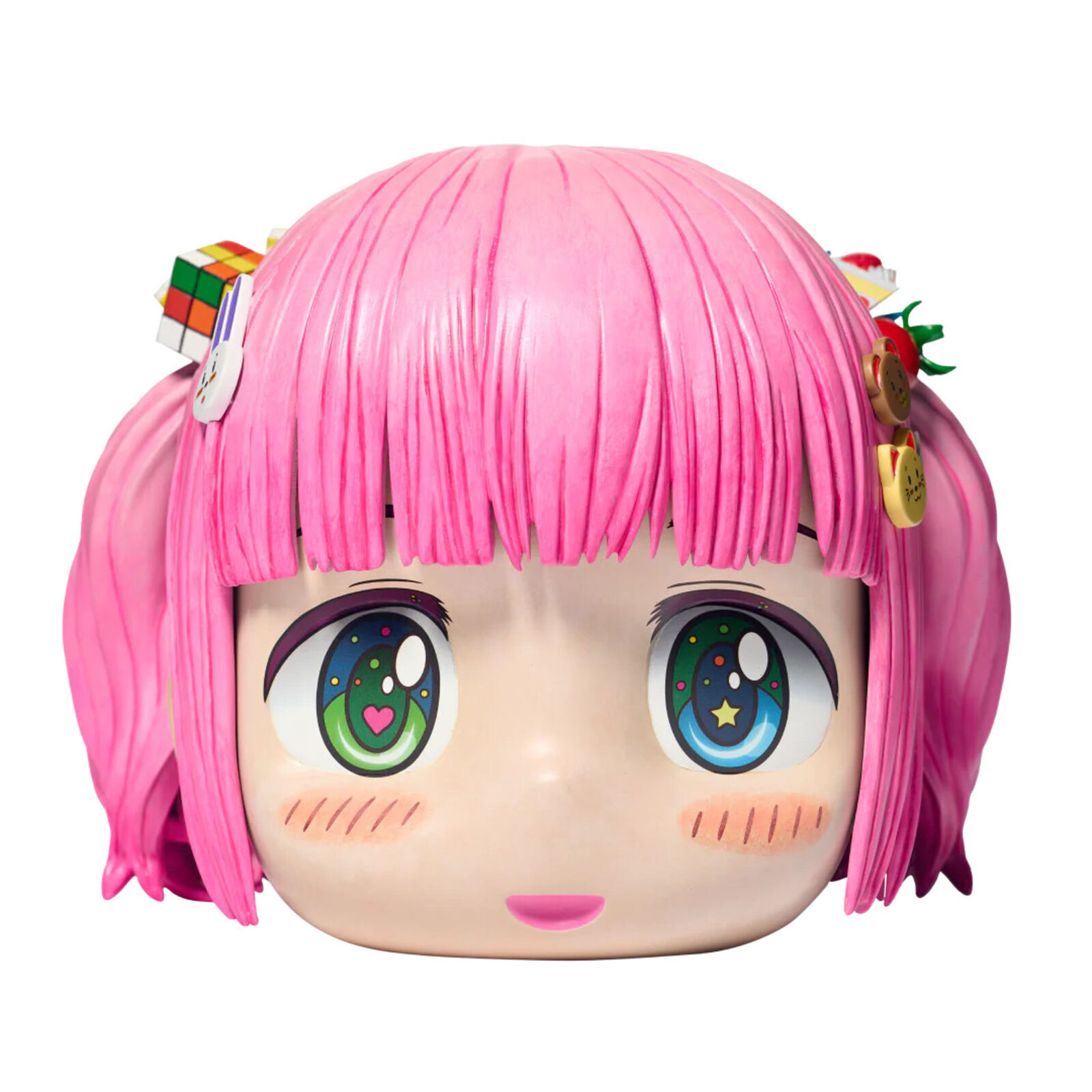 A close up of a doll with pink hair and blue eyes.