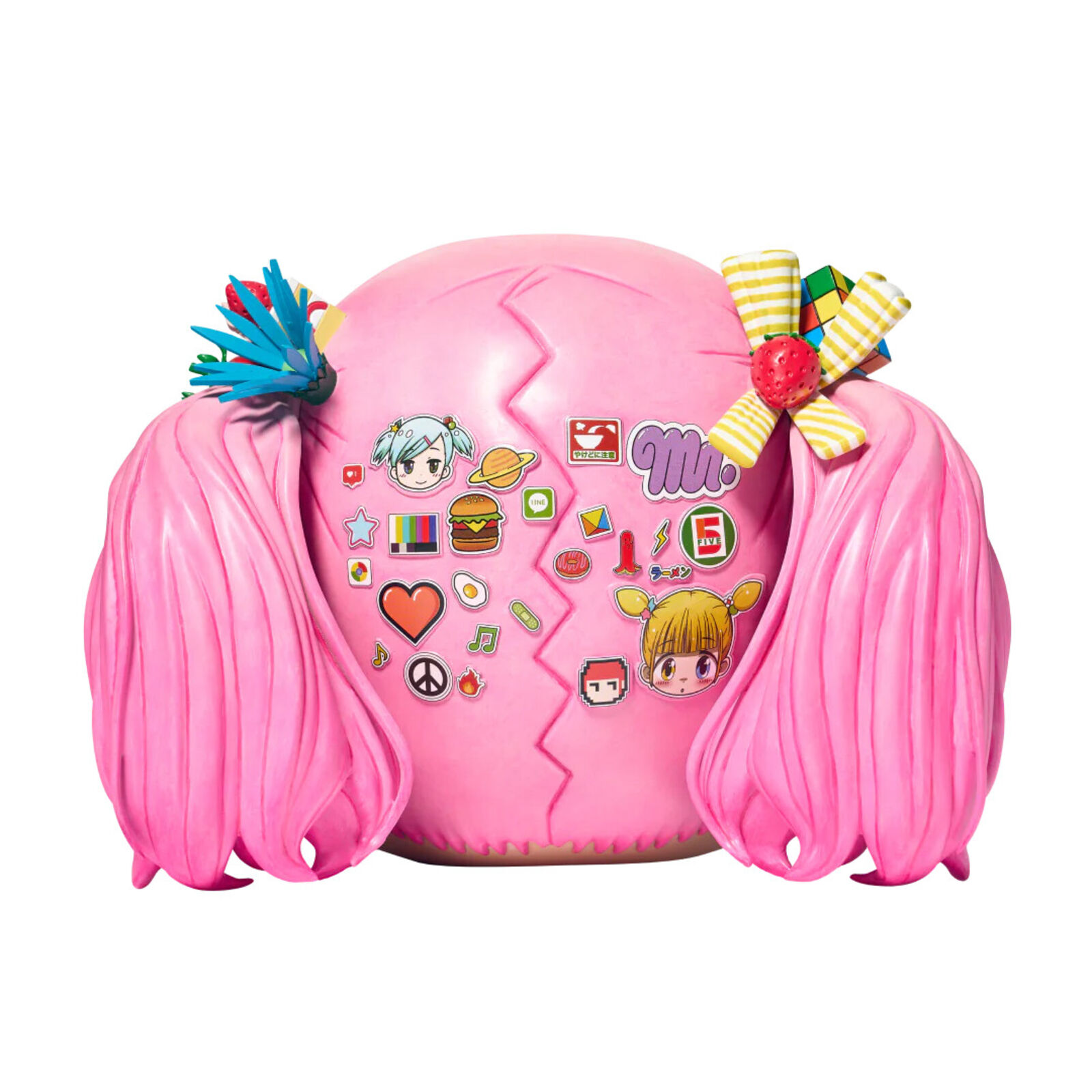 A close up of a doll with pink hair and blue eyes.