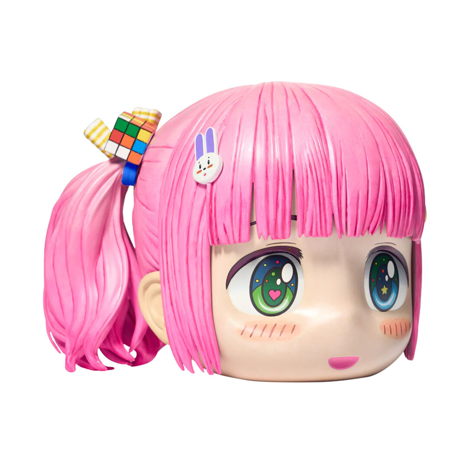 A close up of a doll with pink hair and blue eyes.