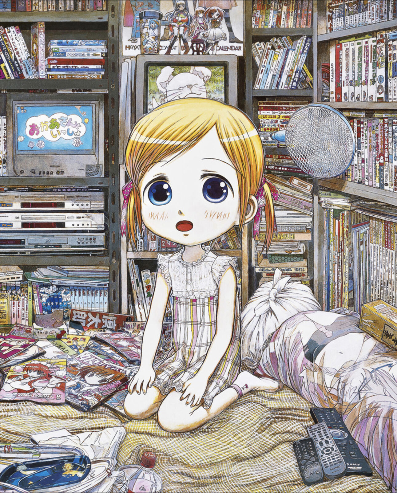 A girl sitting on a bed in front of a bookshelf filled with books.