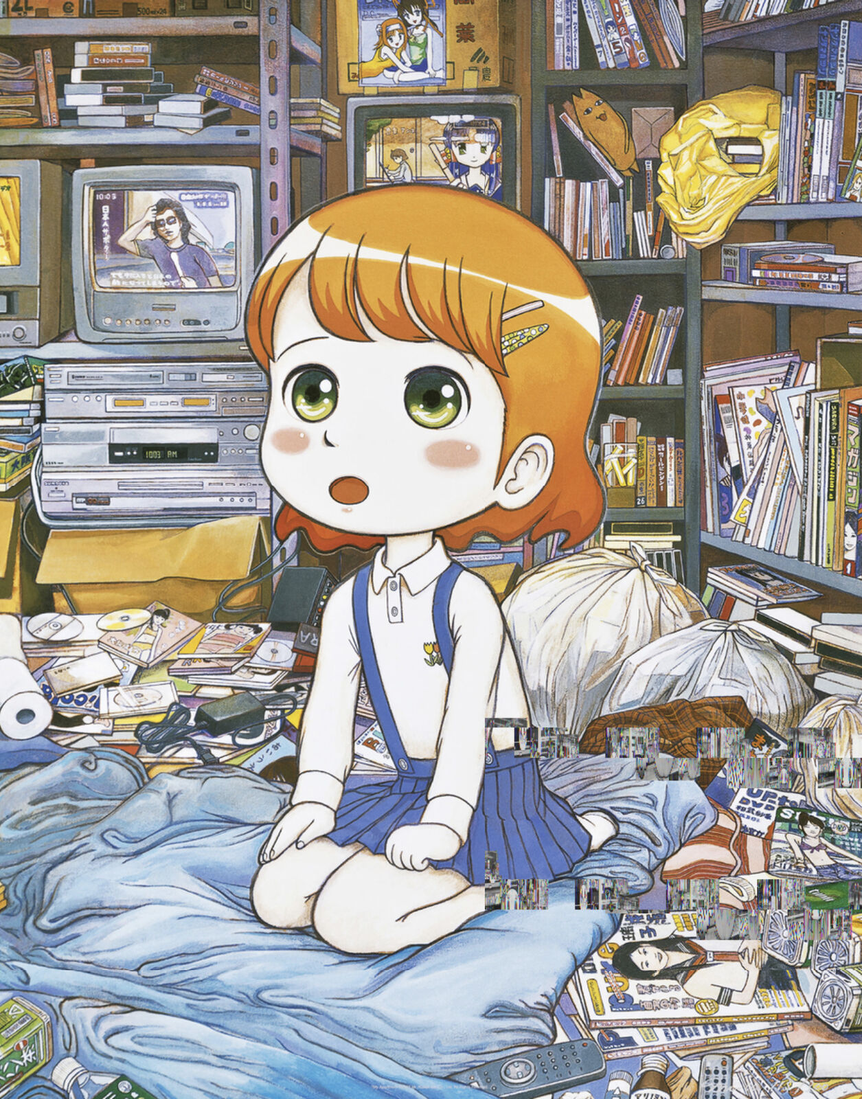 A girl sitting on a bed in front of a pile of books.