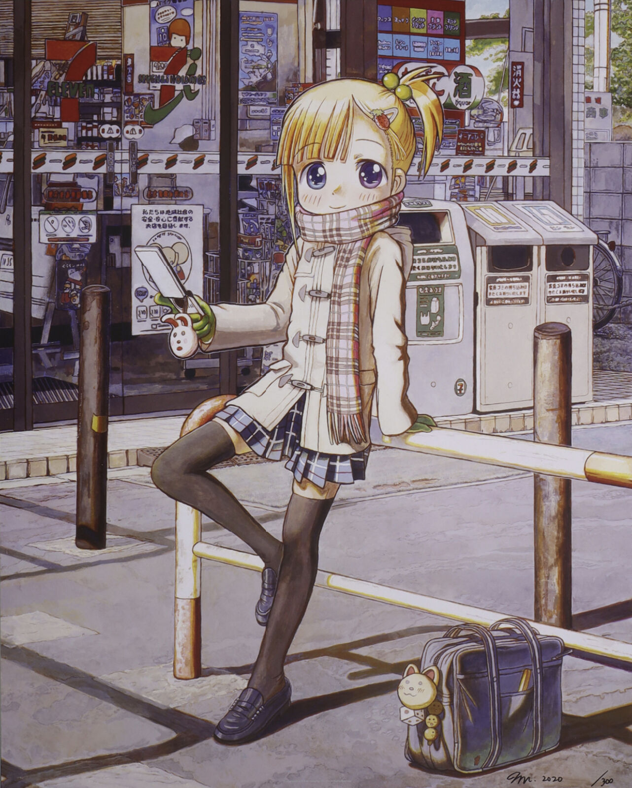 A girl sitting on a bench in front of a vending machine.
