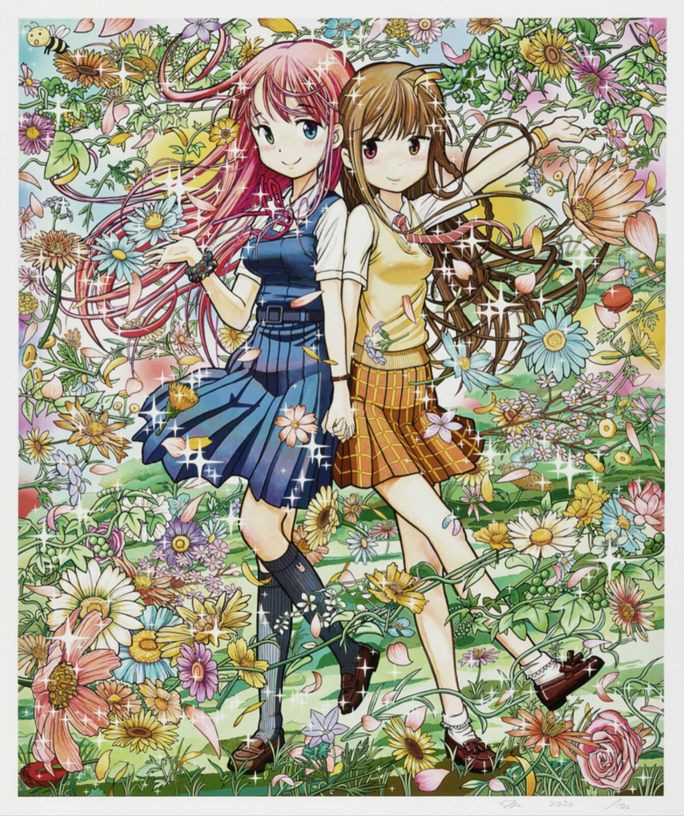 A couple of girls standing next to each other in a field of flowers.