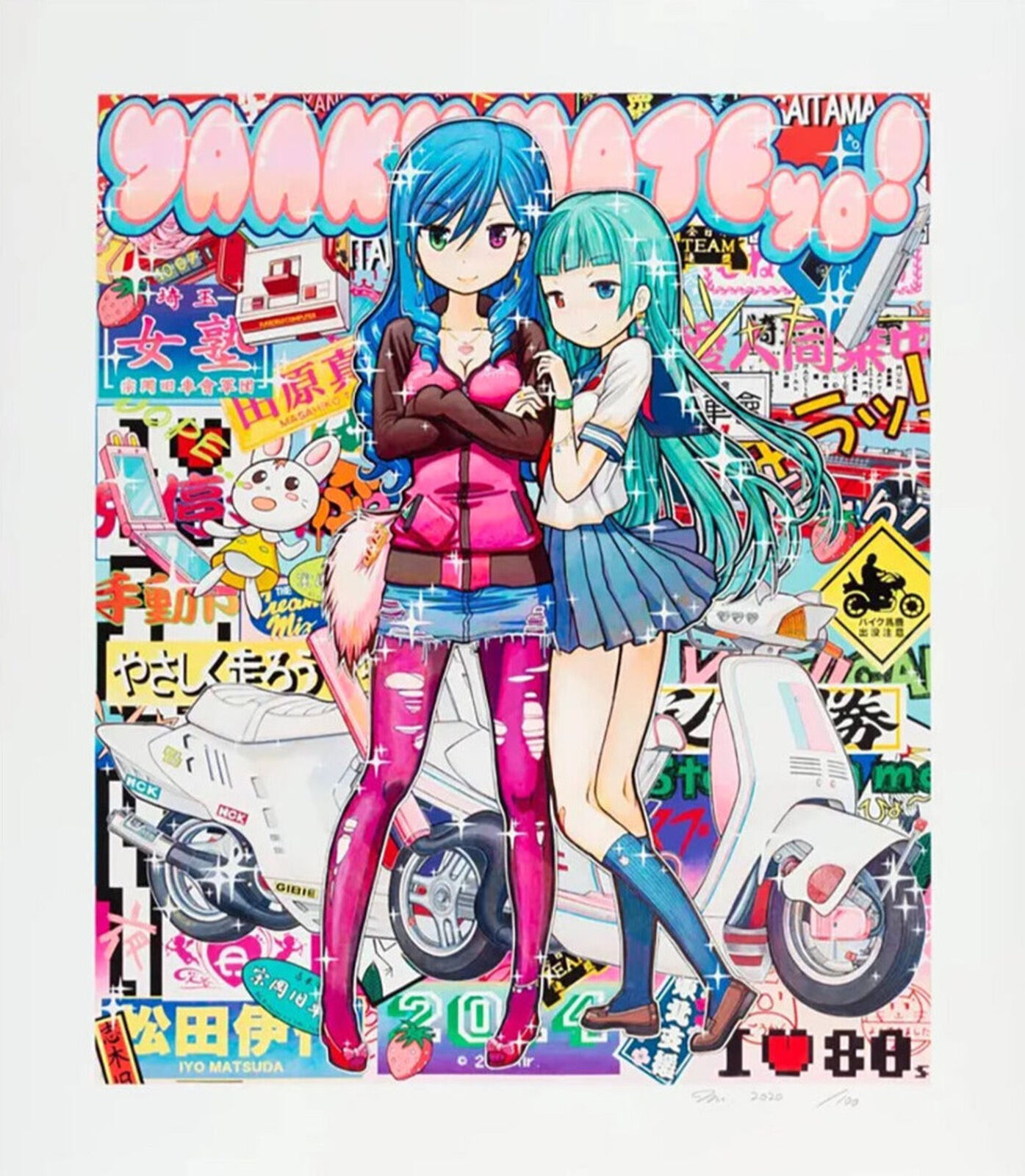 A couple of anime girls standing next to each other on a motorcycle.