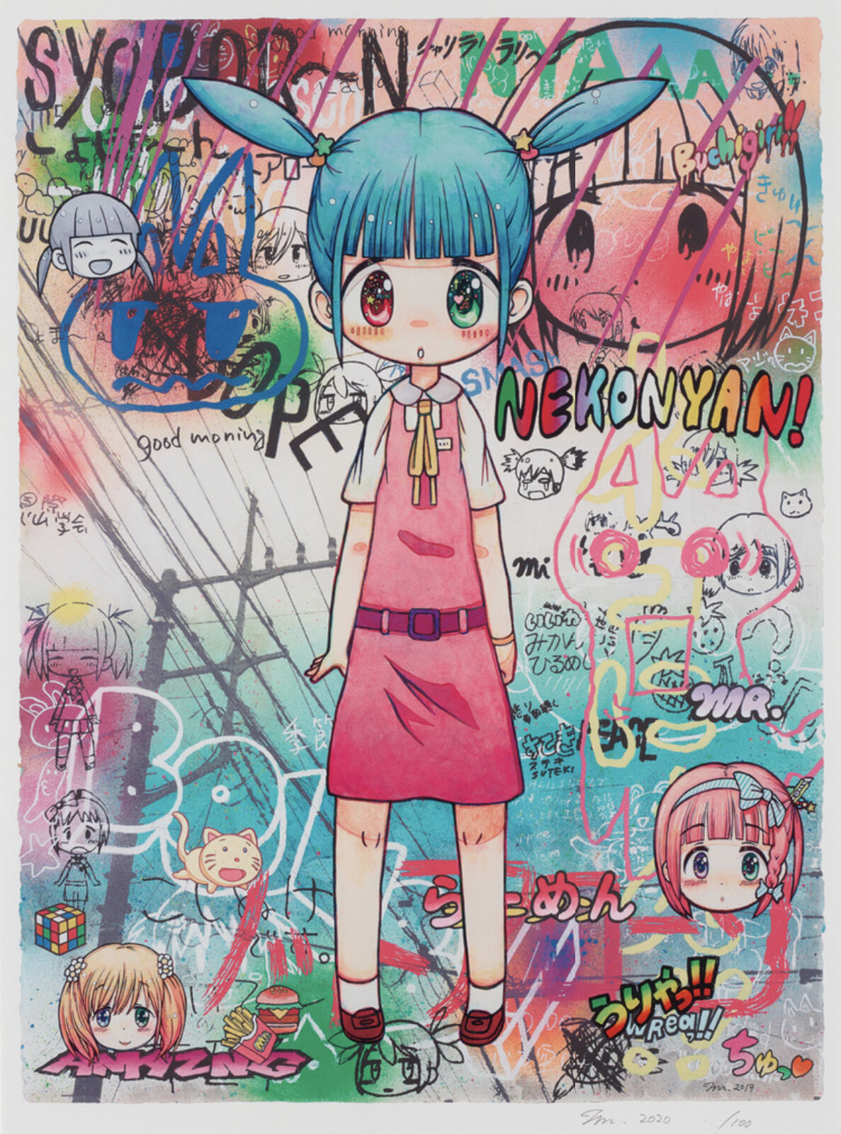 A drawing of a girl in a pink dress standing in front of a wall covered in graffiti.