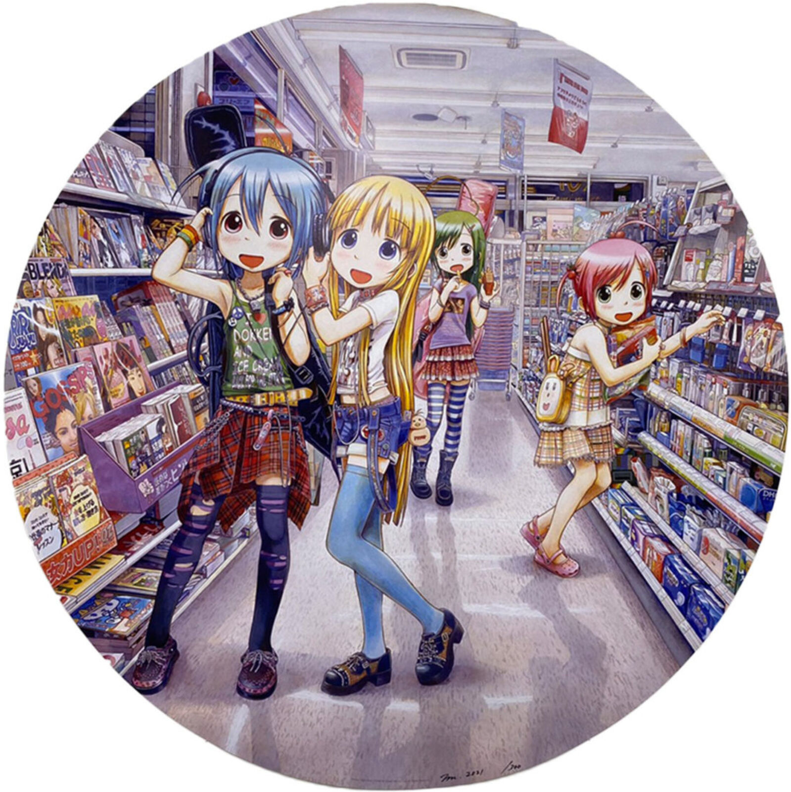 A group of anime girls in a store aisle.