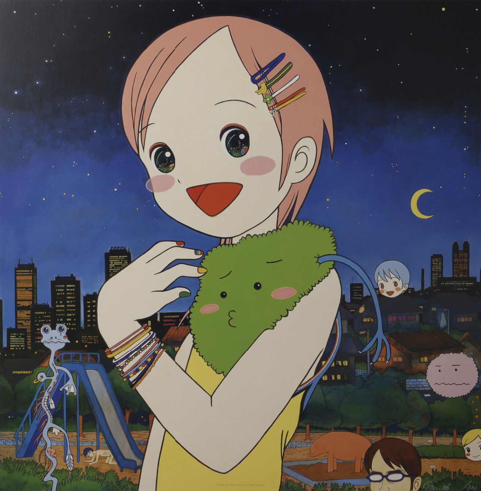 A painting of a girl holding a stuffed animal in her arms.