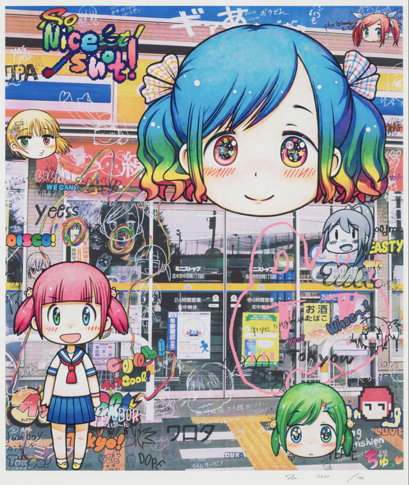 A poster of a girl with blue hair and a rainbow colored hair.