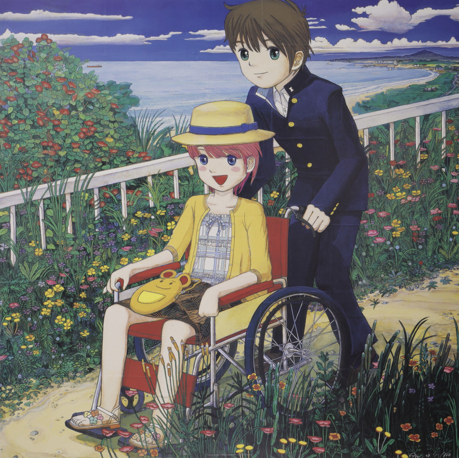 A boy and a girl in a wheelchair in a field of flowers.