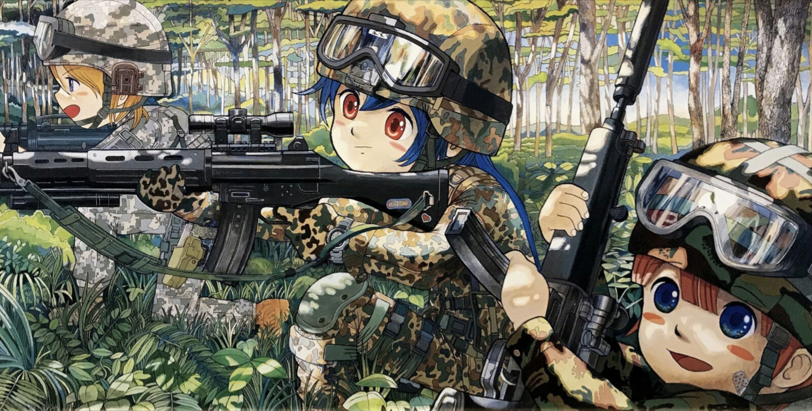 A group of anime characters in camouflage holding rifles in a forest.