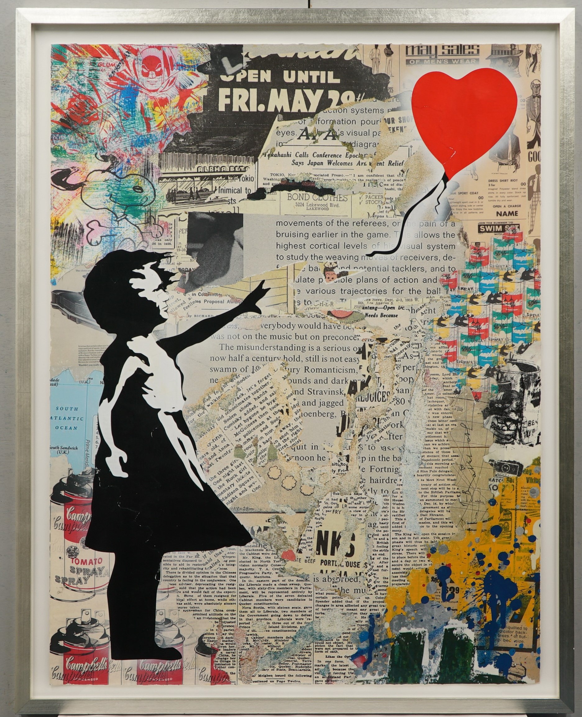 A black silhouette figure points upward toward a red balloon against a collage of newspaper clippings and colorful paint splatters.