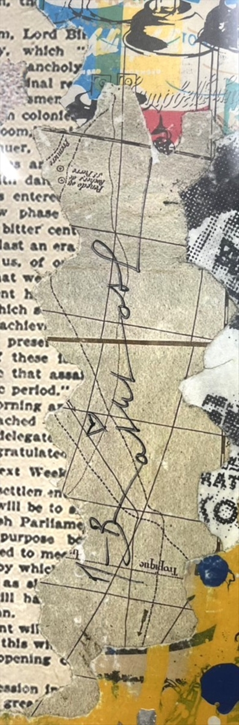 A black silhouette figure points upward toward a red balloon against a collage of newspaper clippings and colorful paint splatters.