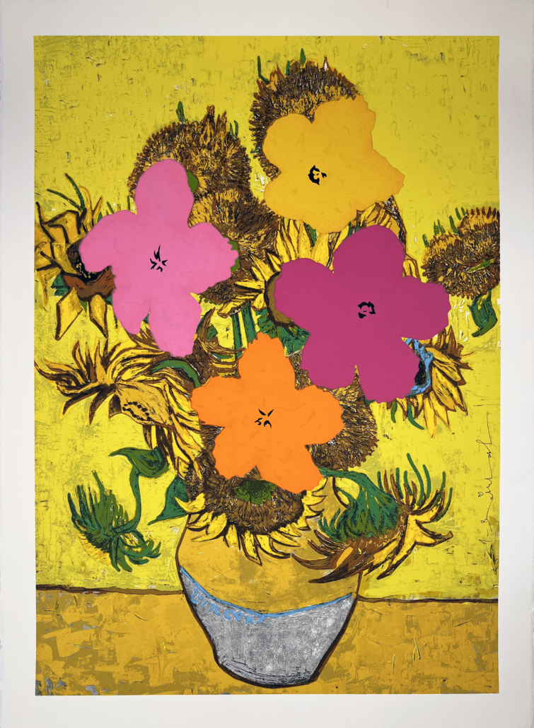 Artwork by Mr. Brainwash, Flower and Sun, Made of 15-color screenprint with deckled edges 